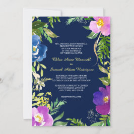 Invitación Boda floral moderno violeta azul de la marina