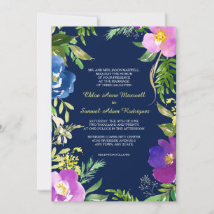 Invitación Boda floral moderno violeta azul de la marina