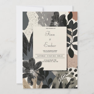 Invitación Boda Floral Monocroma Abstracta Moderna