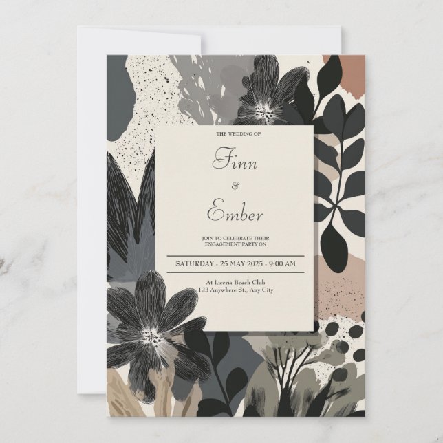 Invitación Boda Floral Monocroma Abstracta Moderna (Anverso)