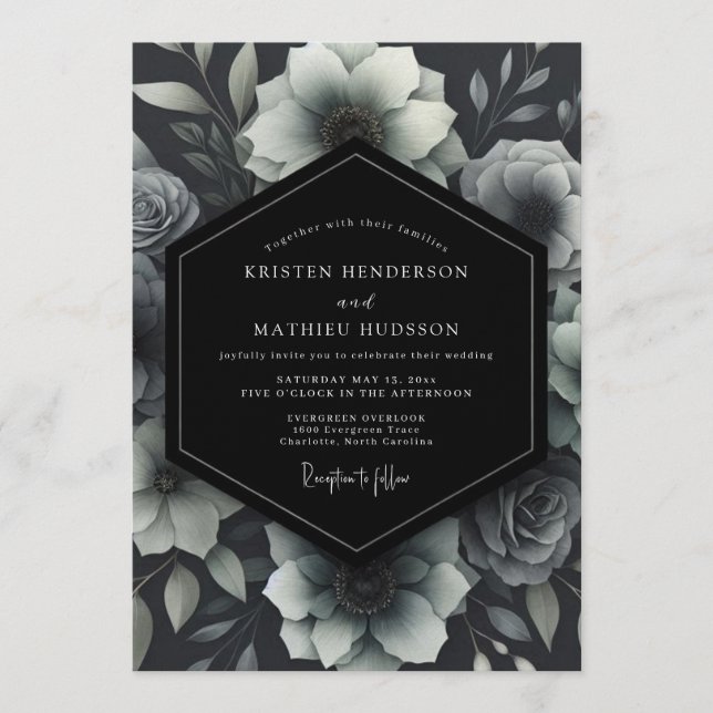 Invitación Boda floral monocroma de ceniza (Anverso)
