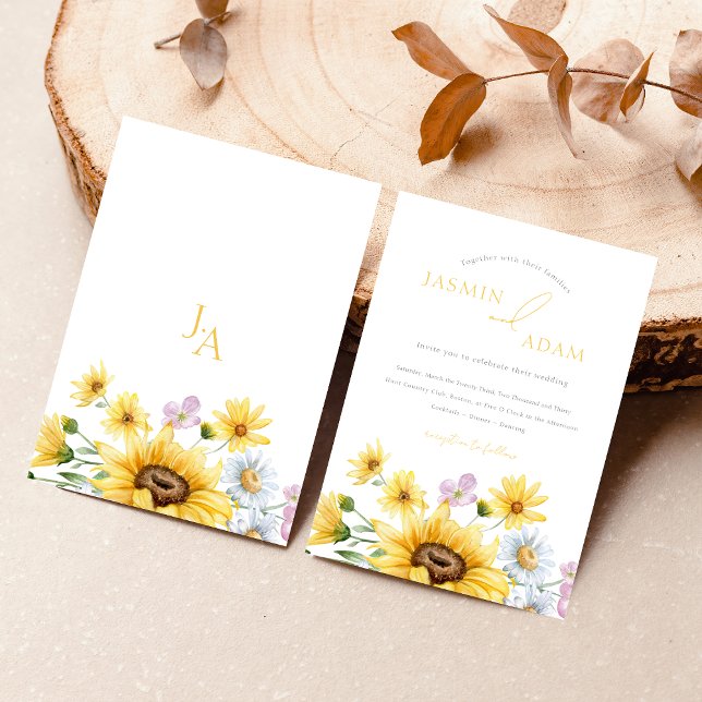 Invitación Boda floral monograma amarillo veraniego (Summer Yellow Sunflowers Monogram Floral Wedding Invitation)