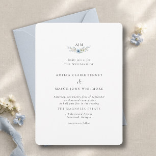 Invitación Boda Floral Monograma Azul Polvo Elegante