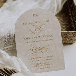 Invitación Boda floral monograma clásico marfil dorado