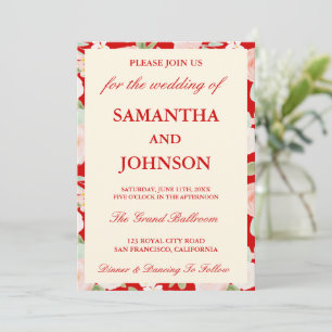 Invitación Boda Floral Monograma Marfil Vintage Rojo Moderno