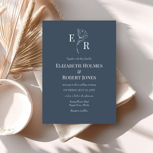 Invitación Boda Floral Monograma Moderno en Azul Pizarra 