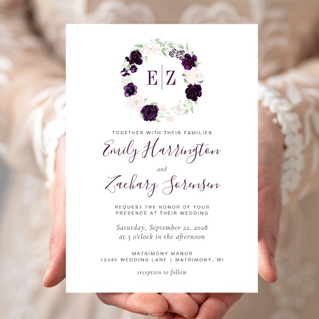 Invitación Boda floral Monograma Morado Rubor (Subido por el creador)