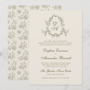 Invitación Boda floral monogramada verde vintage