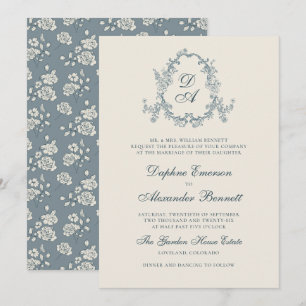 Invitación Boda Floral Monogramada Vintage Azul