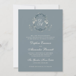 Invitación Boda Floral Monogramada Vintage Azul Polvoriento