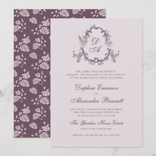 Invitación Boda Floral Monogramada Vintage Rosa Rubor