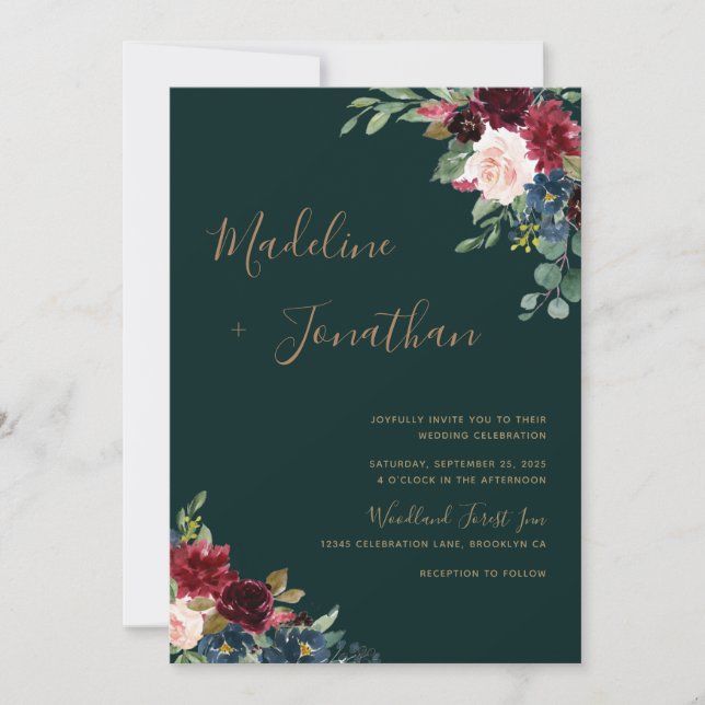 Invitación Boda Floral Moody Emerald Green Jewel Tone (Anverso)
