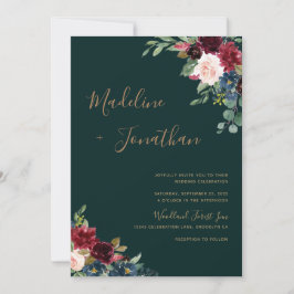 Invitación Boda Floral Moody Emerald Green Jewel Tone