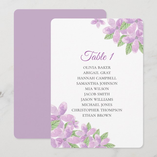 Invitación Boda floral morada. Carteles de asientos de flores (Anverso / Reverso)