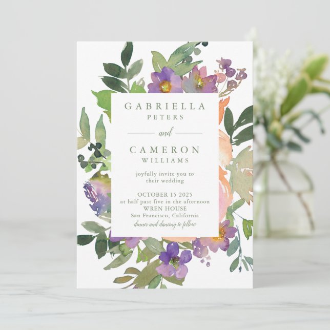 Invitación Boda floral morada chic acuarela minimalista (Anverso de pie)