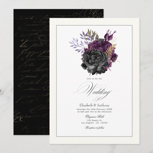 Invitación Boda floral morada, dorada y negra temperamental (Anverso / Reverso)