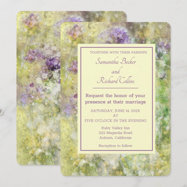 Invitación Boda floral morada elegante (Anverso / Reverso)