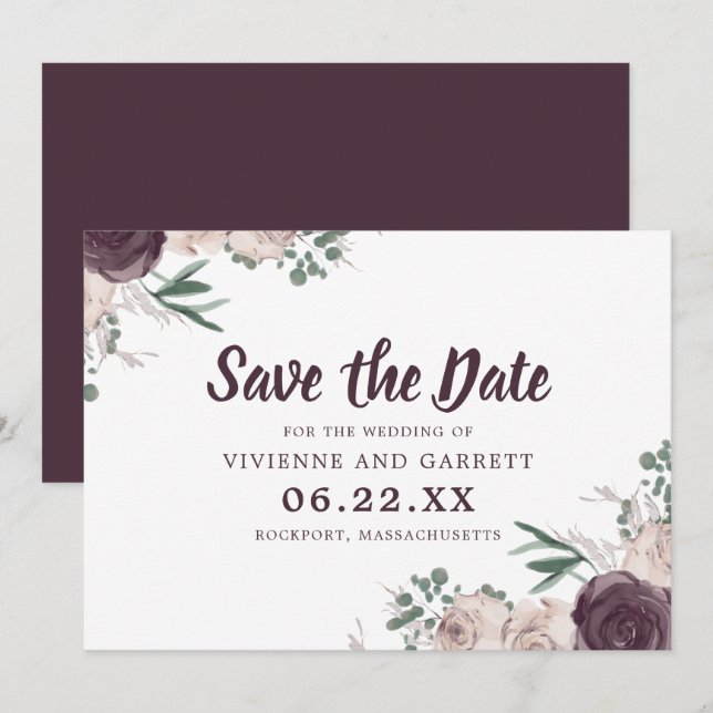 Invitación Boda floral morada y rosa salva la fecha (Anverso / Reverso)