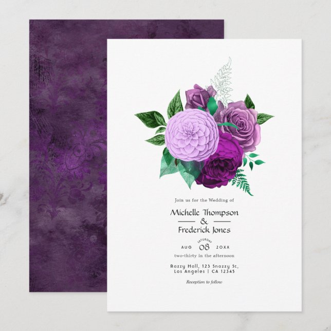 Invitación Boda floral morada y verde (Anverso / Reverso)