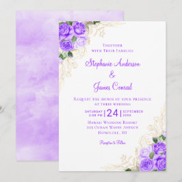 Invitación Boda floral morado de color dorado