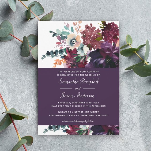 Invitación Boda floral morado de lujosa berenjena (Available in both printed and instant download digital formats.)