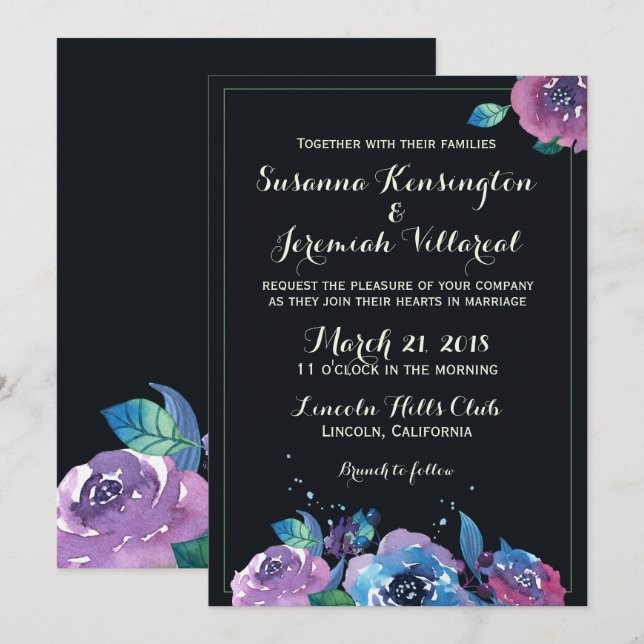 Invitación Boda floral morado profundo azul morado (Anverso / Reverso)