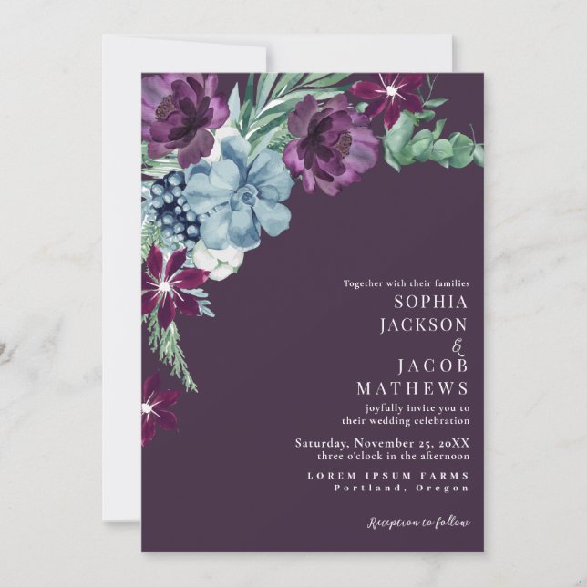 Invitación Boda floral morado romántico oscuro morado (Anverso)