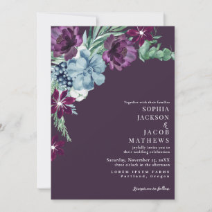Invitación Boda floral morado romántico oscuro morado
