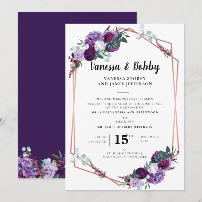 Invitación Boda Floral Morado Script Vegetación Geométrica (Anverso / Reverso)