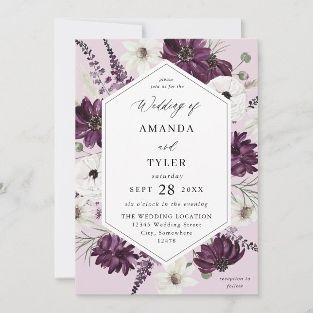 Invitación Boda floral morado y blanco - Lavanda (Anverso)