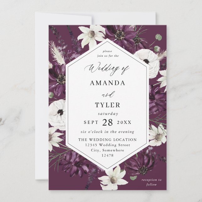 Invitación Boda floral morado y blanco - morado (Anverso)