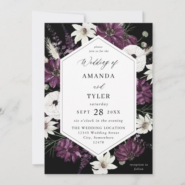 Invitación Boda floral morado y blanco - negro (Anverso)
