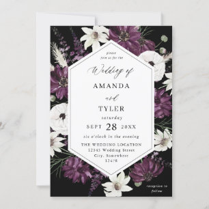 Invitación Boda floral morado y blanco - negro