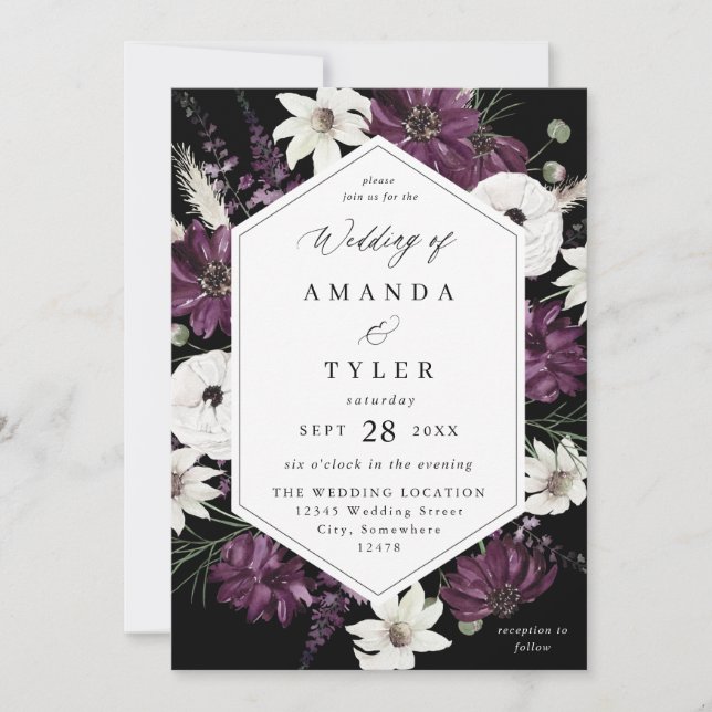 Invitación Boda floral morado y blanco - negro V2 (Anverso)