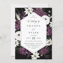 Invitación Boda floral morado y blanco - negro V2