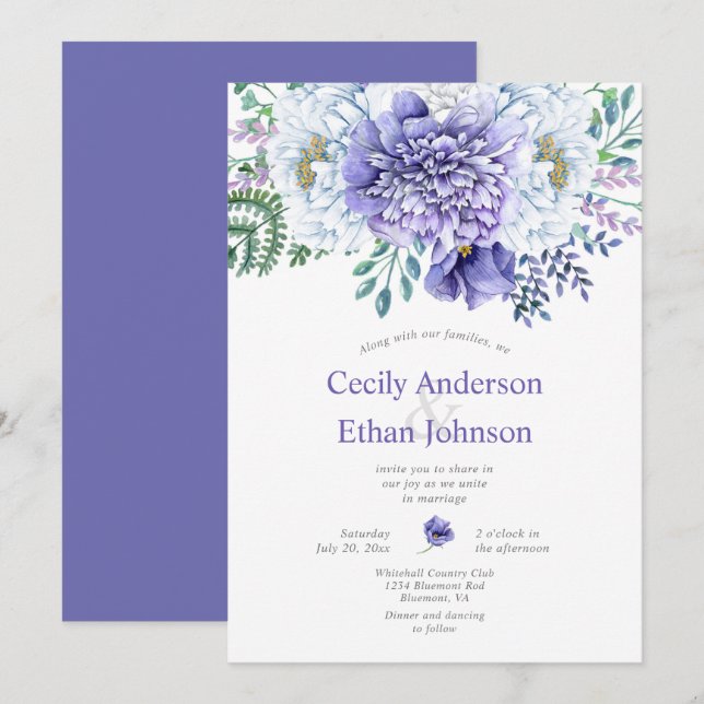 Invitación Boda Floral Morado y Blanco Peonies (Anverso / Reverso)