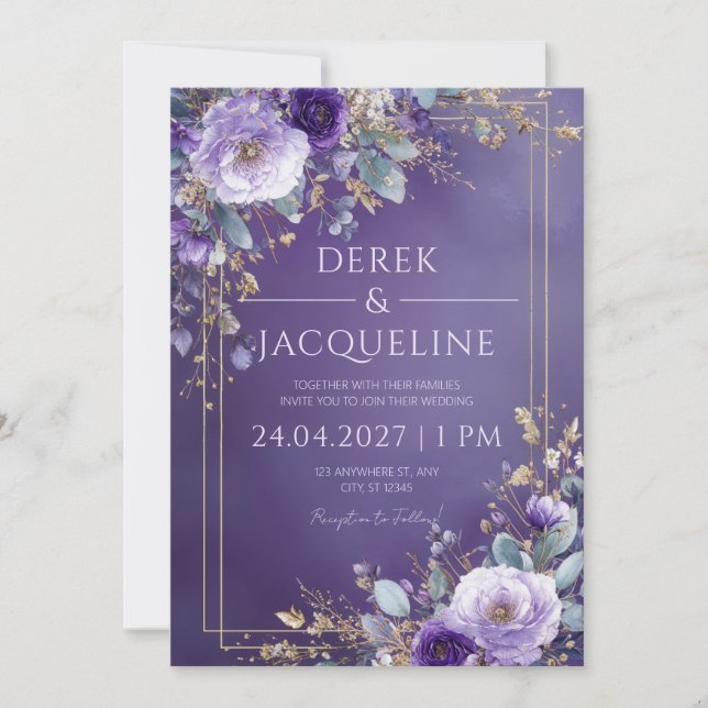 Invitación Boda floral morado y dorado (Anverso)