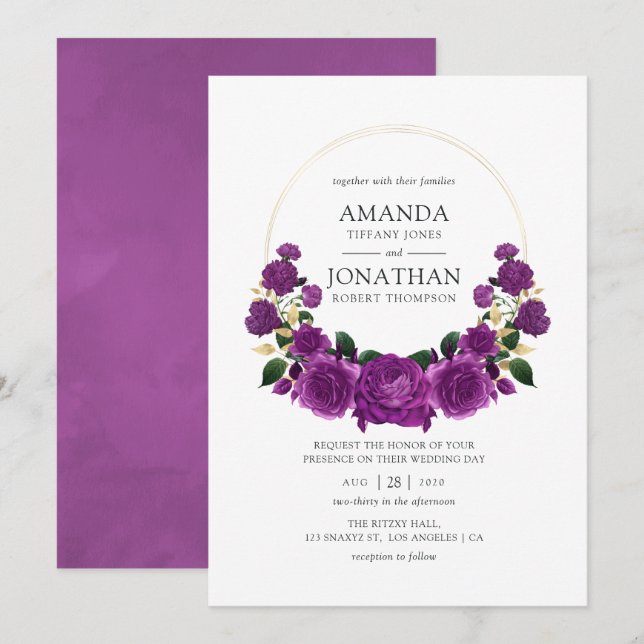 Invitación Boda floral morado y dorado (Anverso / Reverso)