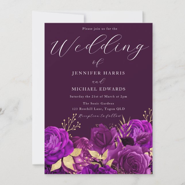 Invitación Boda floral morado y dorado (Anverso)
