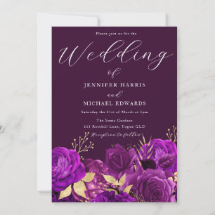 Invitación Boda floral morado y dorado