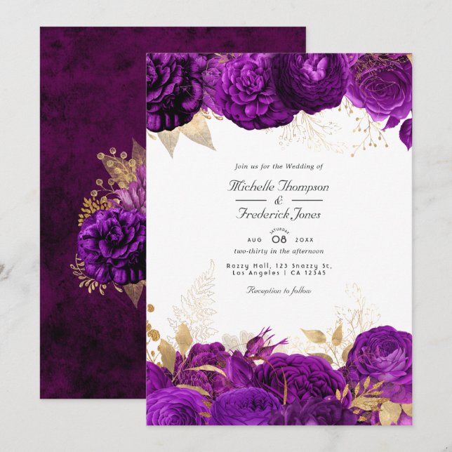 Invitación Boda floral morado y dorado (Anverso / Reverso)
