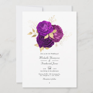 Invitación Boda floral morado y dorado Código QR Rsvp