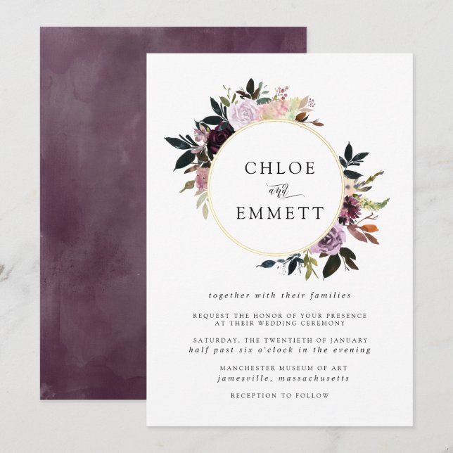 Invitación Boda floral morado y malva rosa (Anverso / Reverso)