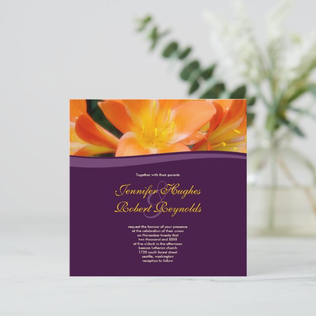 Invitación Boda Floral Morado y Naranja (Anverso de pie)