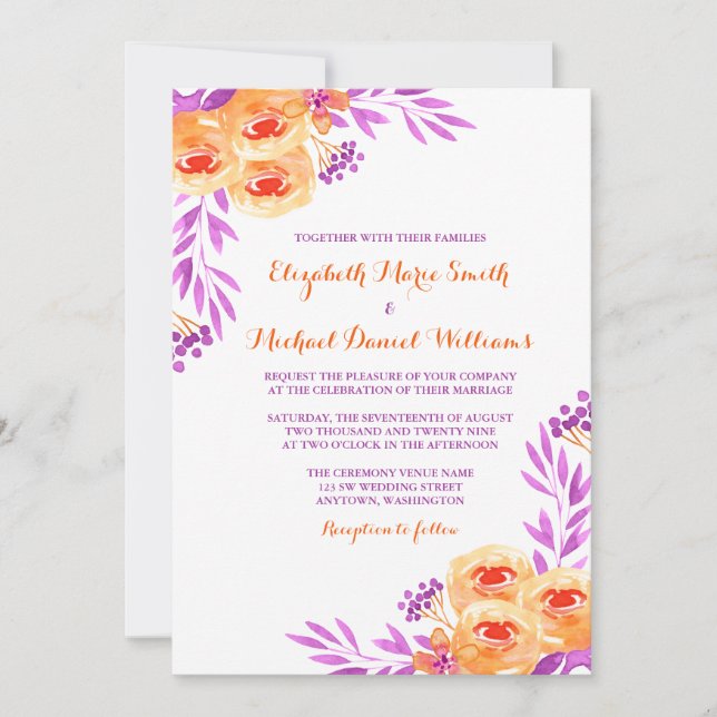 Invitación Boda floral morado y Naranja (Anverso)