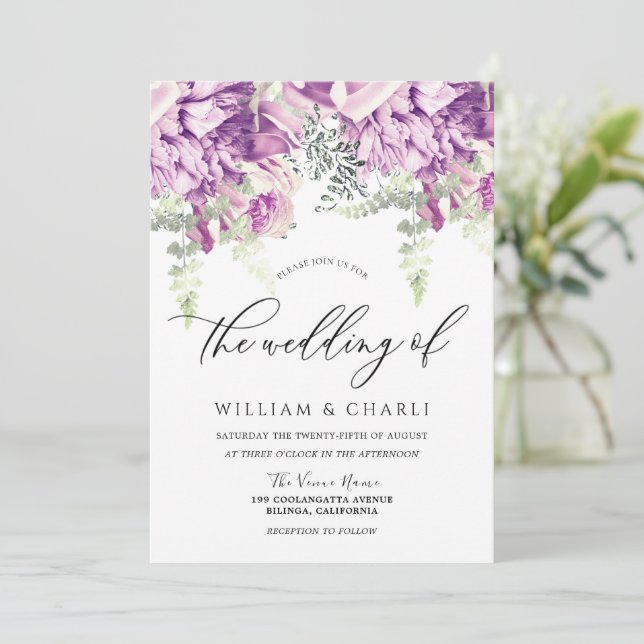 Invitación Boda floral morado y plateado de lavanda (Anverso de pie)