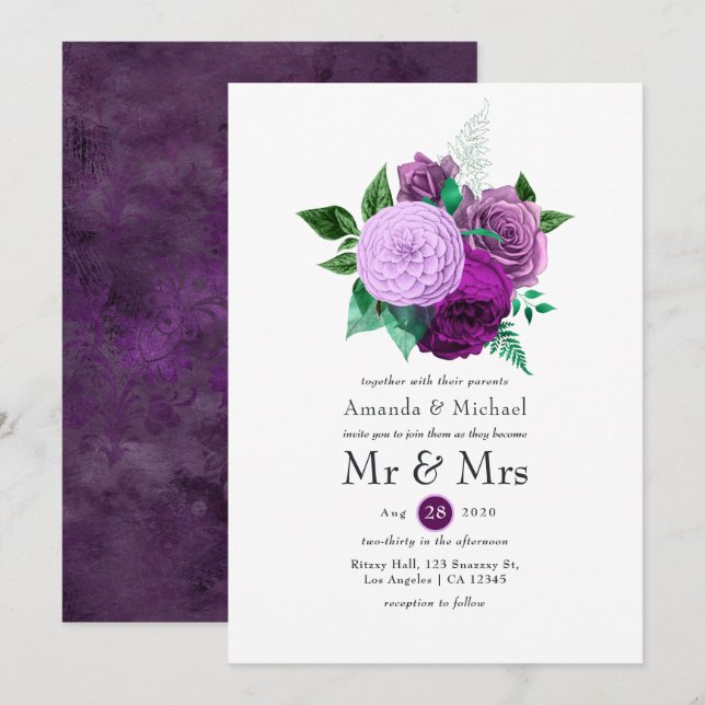Invitación Boda floral morado y verde (Anverso / Reverso)