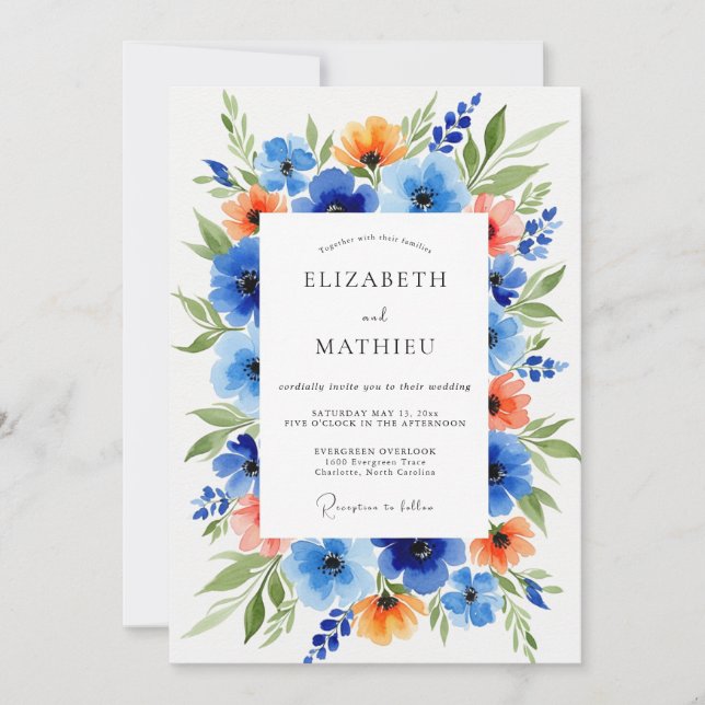 Invitación Boda floral naranja azul (Anverso)