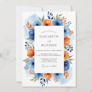 Invitación Boda floral naranja azul de primavera