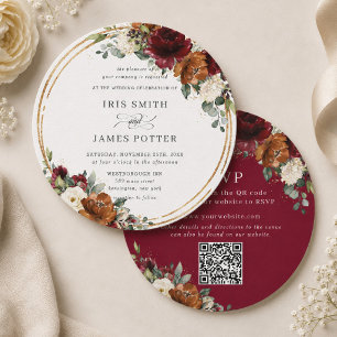 Invitación Boda floral naranja borgoña marfil con vegetación 